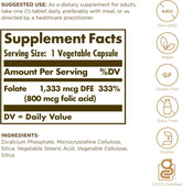 SOLGAR Folate 1,333 mcg DFE (Folic Acid 800 mcg) - 250 Tablets - Prenatal Support
